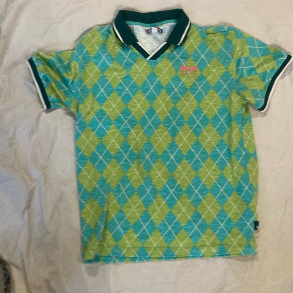 Urban Outfitters Men’s Small Green and Blue Diamond Pattern Collared Shirt. Used